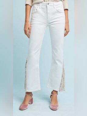 Pilcro High-Rise Flare White Jeans with Side Sequin Inset Sz 28